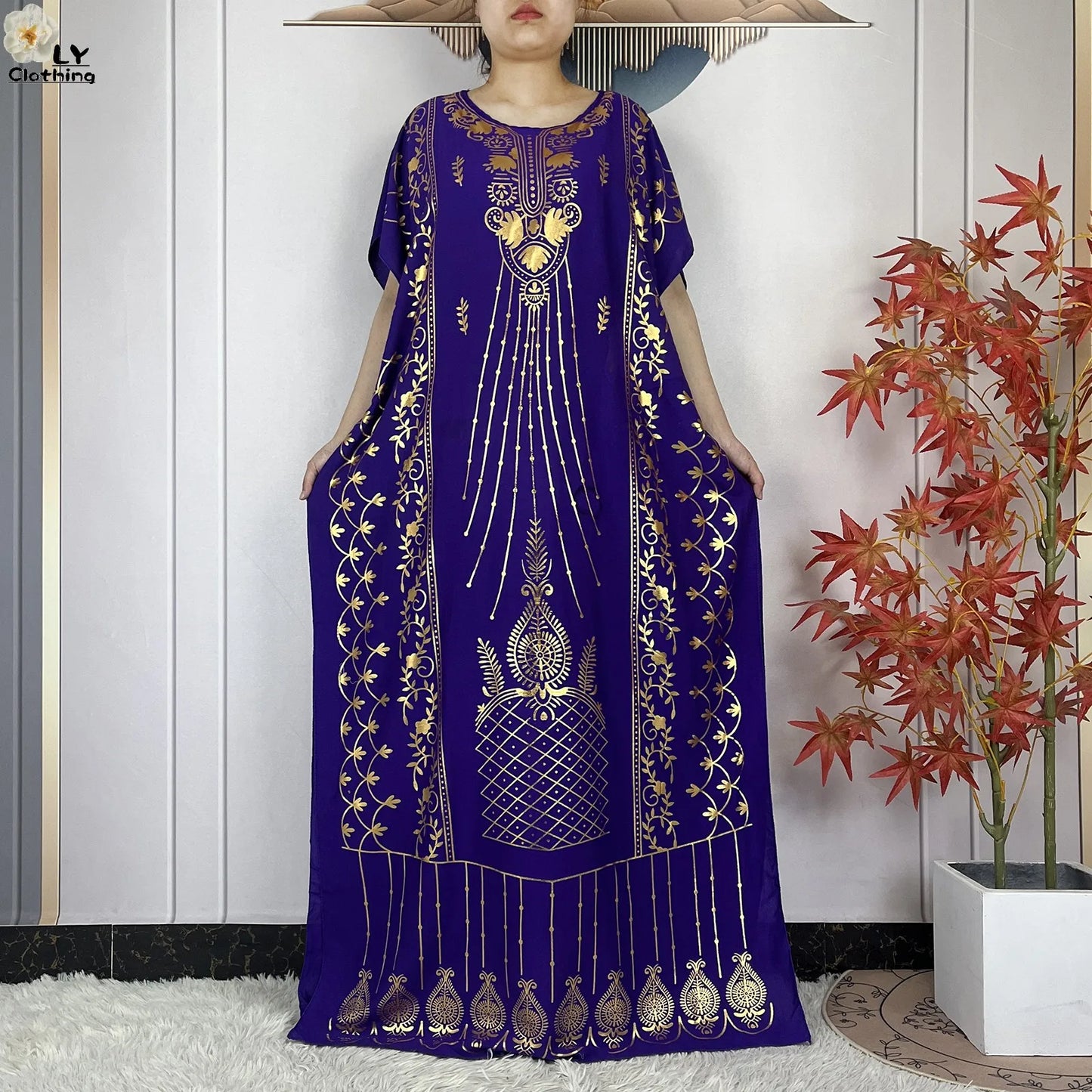 2023 New Muslim Summer Short Sleeve Robe Gold Stamping Boubou Maxi Women Femme Loose Dress With Big Scarf African Abaya Clothes.