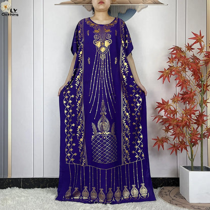 2023 New Muslim Summer Short Sleeve Robe Gold Stamping Boubou Maxi Women Femme Loose Dress With Big Scarf African Abaya Clothes.