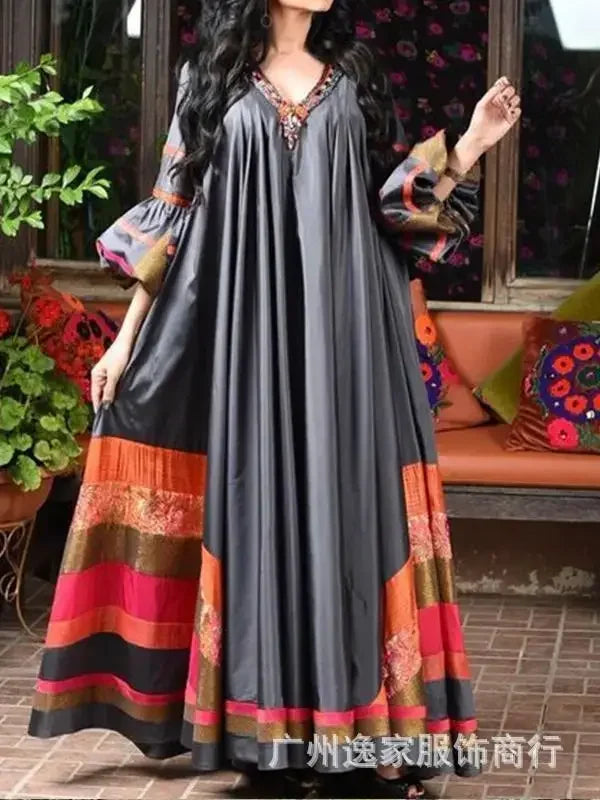 V-neck Loose Muslim Abayas for Women Vintage Printed Long Dress Women Breathable Middle Eastern Robe Casual Long Sleeve Abaya.