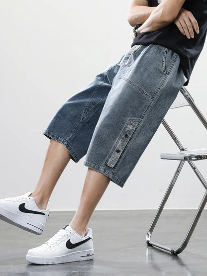 Summer Men's Jeans Denim Breeches Calf-Length Casual Shorts Washed Cotton Drawstring Straight Capris Pants Big Size 8XL.