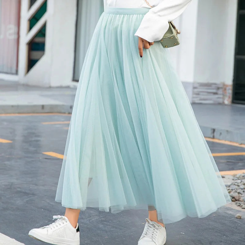 OHRYIYIE Beige Maxi Long Skirt Spring Autumn Womens 2025 New Summer Tulle Skirt Party Mesh A-line Skirts Female Jupe Longue