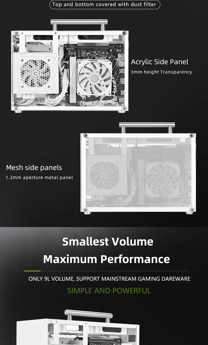 METALFISH T60 Mini ITX White Case 9L With Acrylic Or Mesh Side Panel and Portable Handle Support SFX PSU/300mm GPU/2*120mm Fan.