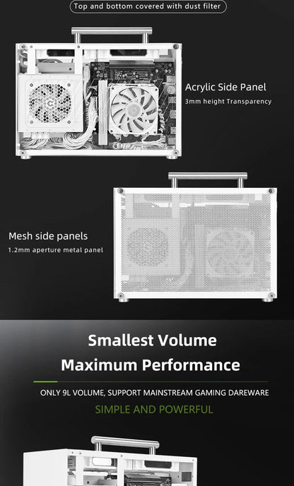 METALFISH T60 Mini ITX Black Case 9L With Acrylic Or Mesh Side Panel and Portable Handle Support SFX PSU/300mm GPU/2*120mm Fan.