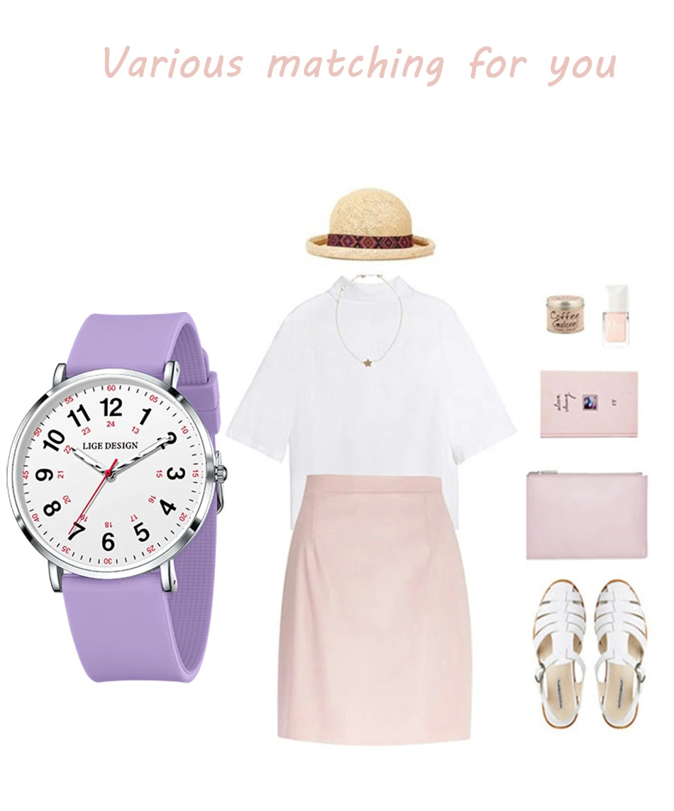 LIGE Fashion Elegant Watches for Woman Ladies Candy Color Silicone Casual Luminous Waterproof Dress Quartz Women's Wristwatches