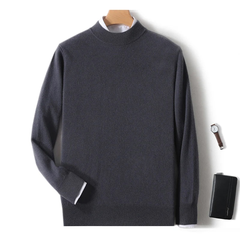 100% Pure Merino Wool Men's Semi High Neck Pullover Solid Color Plus Size Casual Sweater Autumn And Winter Sports Cashmere Top.