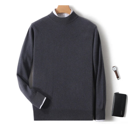 100% Pure Merino Wool Men's Semi High Neck Pullover Solid Color Plus Size Casual Sweater Autumn And Winter Sports Cashmere Top.