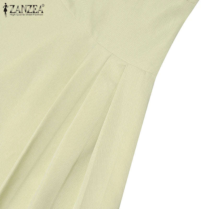 ZANZEA Elegante Büro Frauen Kleider Sommer Stilvolle Solide Party Arbeit Kleid Mode Kurzarm Plissee Vestidos Midi Sommerkleid