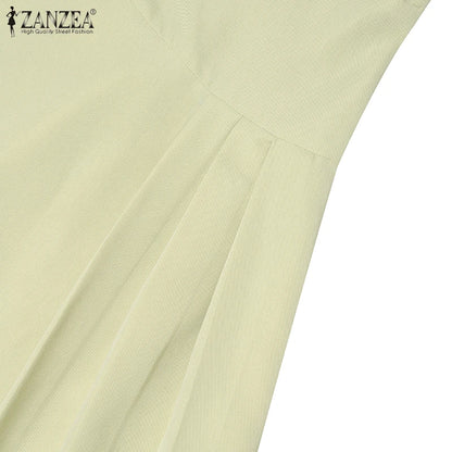 ZANZEA Elegante Büro Frauen Kleider Sommer Stilvolle Solide Party Arbeit Kleid Mode Kurzarm Plissee Vestidos Midi Sommerkleid