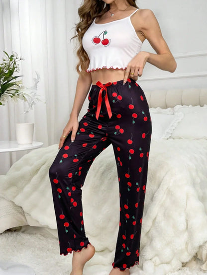 Y2K Coquette Cherry Print Pyjama Set Damen Cami Crop Top Hosen Zweiteilige Nachtwäsche Loungewear Sommer Frühling Herbst Outfits.