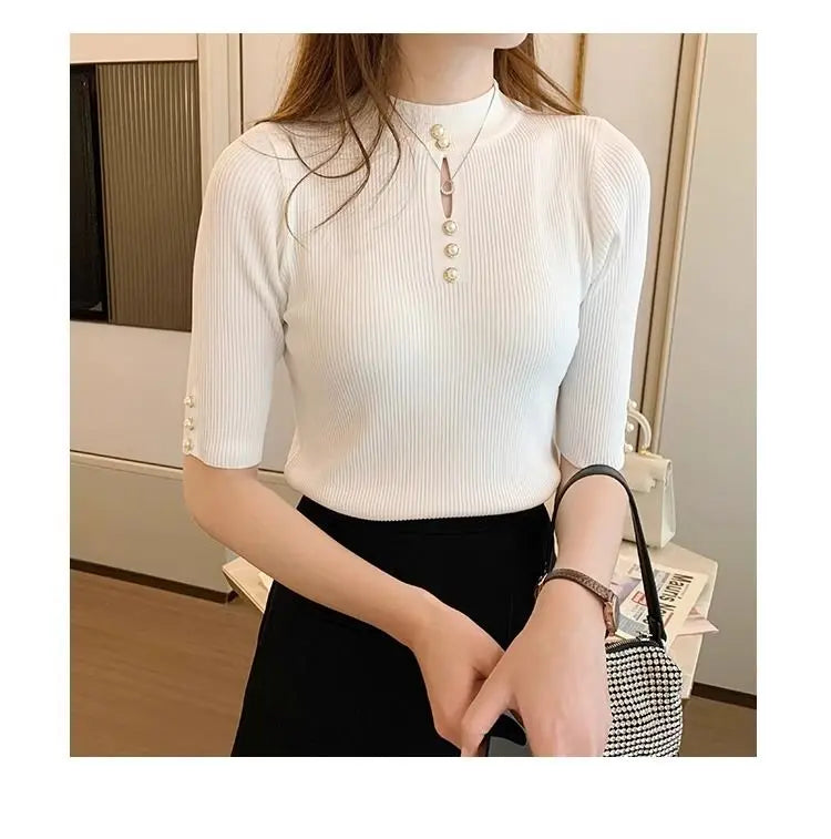 2025 frühling Herbst Korean Fashion Solid Pullover Frauen Kurzarm Tops Pull Femme Beiläufige Dünne Weibliche Pullover Gestrickte Kleidung.
