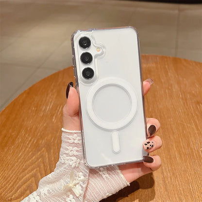 Magsafe Magnetic Charge Phone Case For Samsung Galaxy S25 S24 S23 Ultra S22 Plus S21 FE A16 A15 A35 A55 Clear Acrylic Slim Cover.