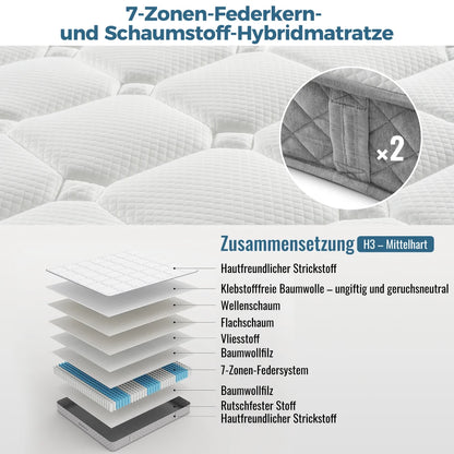 Orthopädische Kaltschaummatratze 90 x 200 cm, Matratze mit 7-Zonen-Taschenfederkernen, mittelfest – OEKO-TEX ®    Zertifiziert