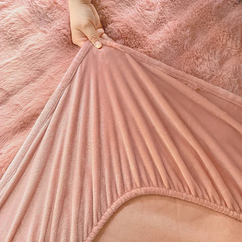 Fluffy Plush Fitted Bed Sheet Solid Color Long Hair Fleece Bed Cover For Double Bed fundas de colchón Winter Warm Mattress Cover.