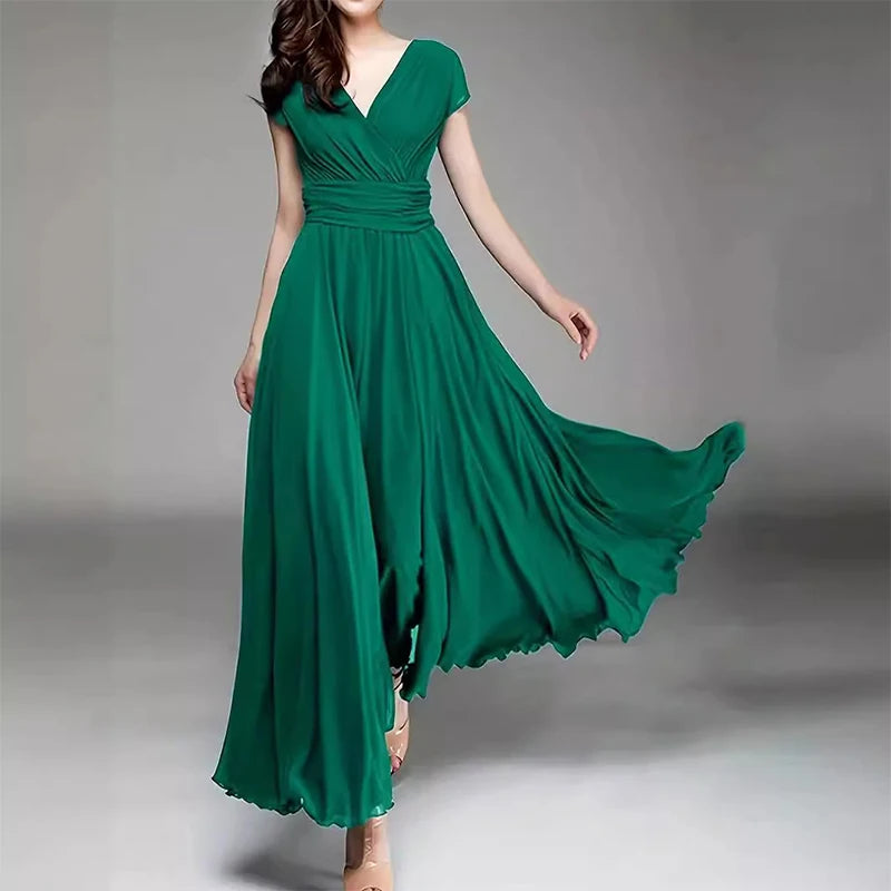 Boho Stil V-ausschnitt Kurzarm Chiffon Kleid Frauen Einfache Feste Hohe Taille Lange Robe Elegante Temperament Abend Party Kleid Neue.