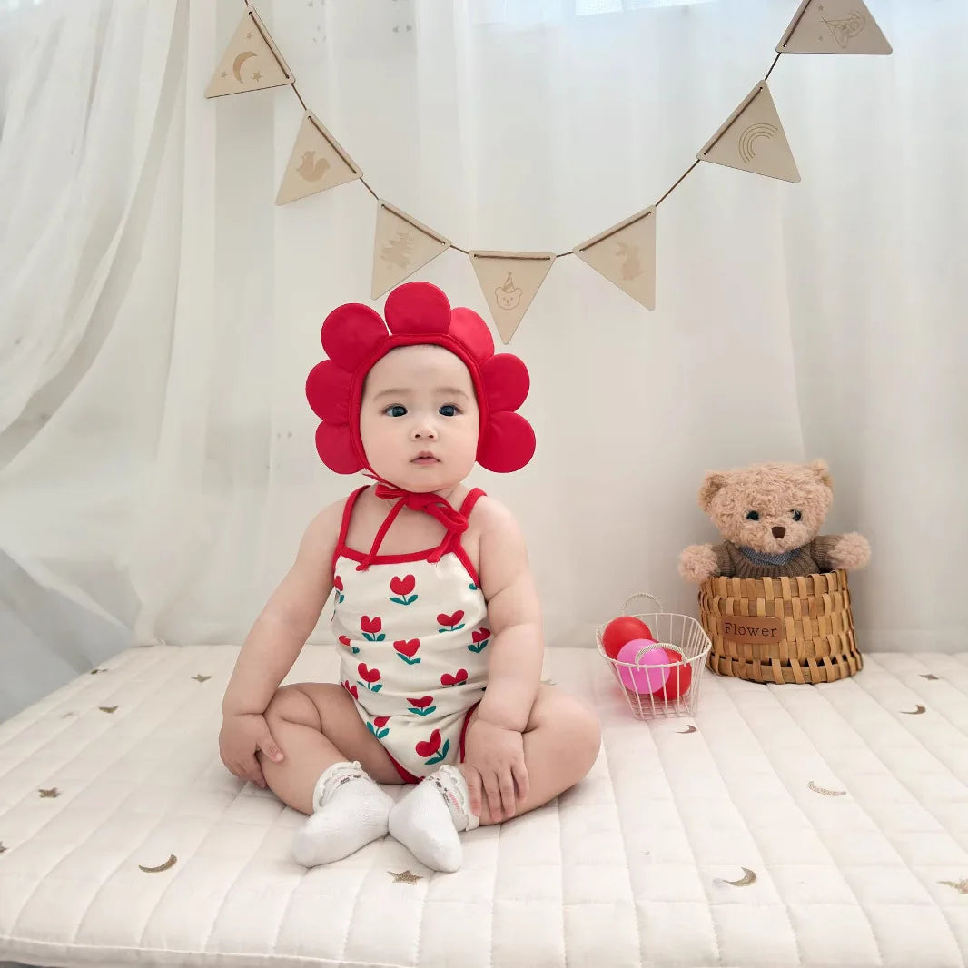 Baby Ein Stück Kleidung 2025, Sommer Koreanische Baby Body Ins Blume Voll Gedruckt Baby Sling Klettern Kleidung Mit Hut.