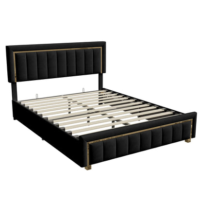 Lazyspace Elegantes Hydraulikbett, samtstoff gepolstertes Doppelbettgestell, mit Stauraum, Bettkasten, Kopfteil mit Lattenrost