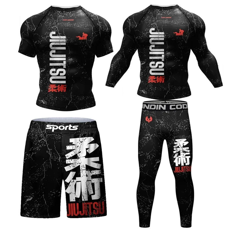 New Jiu Jitsu Rashguard MMA T-shirt +Pants For Men 4PCS/Set Brazilian Grappling Bjj Boxing Rash Guard Sport Clothing Gym Shorts.