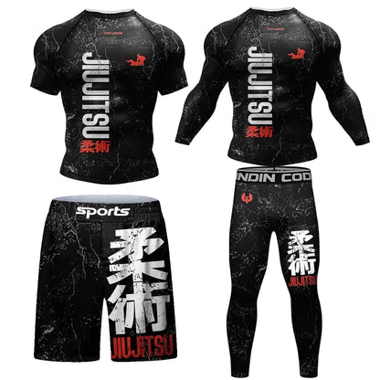 New Jiu Jitsu Rashguard MMA T-shirt +Pants For Men 4PCS/Set Brazilian Grappling Bjj Boxing Rash Guard Sport Clothing Gym Shorts.