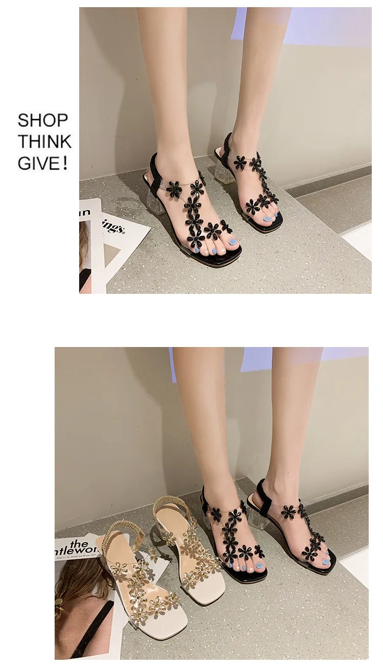Women;s Sandals Pvc Crystal Flower Shoes for Women Decoration Chunky Heel Sandals Ladies Back Strap Fashion Shoes Female2024.
