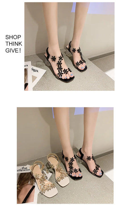 Women;s Sandals Pvc Crystal Flower Shoes for Women Decoration Chunky Heel Sandals Ladies Back Strap Fashion Shoes Female2024.