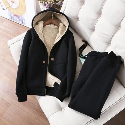 Women's Sweatshirt Pants Suit Autumn and Winter Warm Long-sleeved Fleece Thick Hoodie Coat Jogger Pants Sportswear Two-piece Set.
