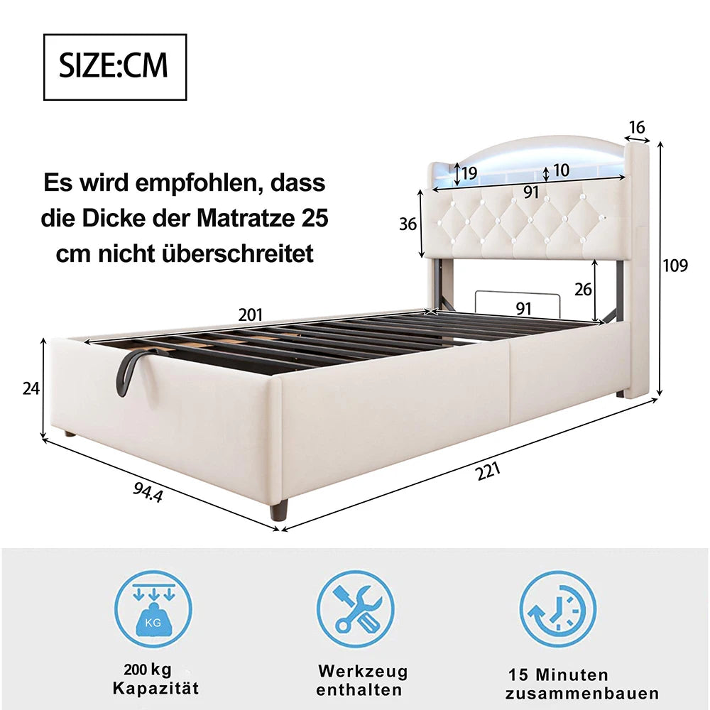 KOMHTOM Kinder Polsterbett 90x200 cm Samt Einzelbett, Multifunktionsbett mit Stauraum, LED und USB