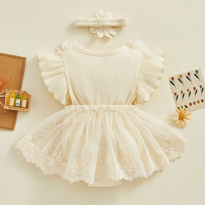 Visgogo Neugeborenen Baby Stram pler Kleid 2 Stück Outfits Mesh Spitze Patchwork Rüschen Bodysuit und Stirnband süße Sommerkleid ung.