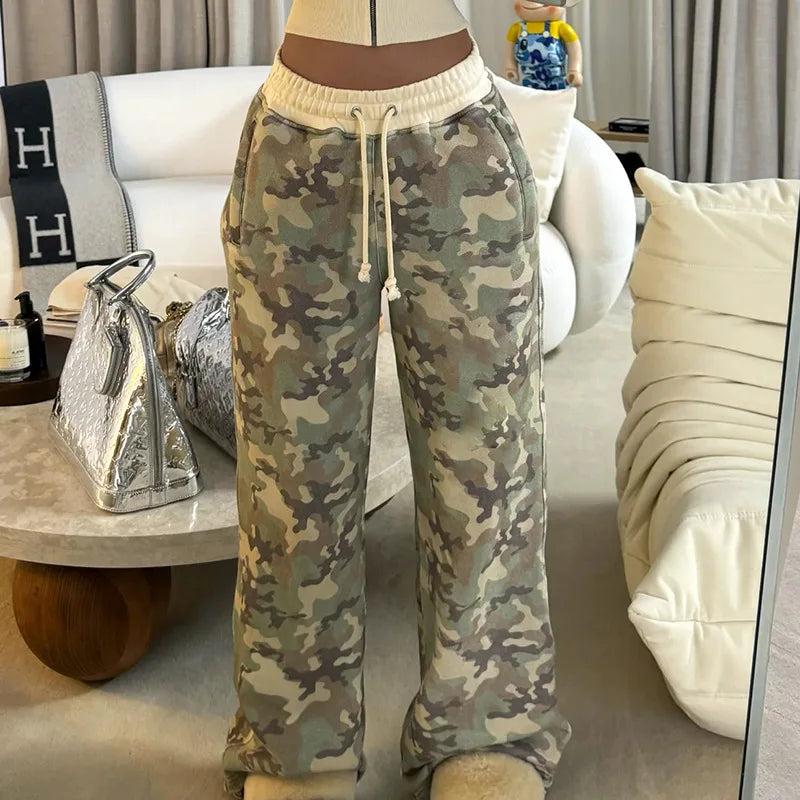 Women 2 Piece Sets Hooded Coat Straight Pants Camouflage Outfits Drawstring Zipper Jacket Tracksuit 2025 Streetwear Ensemble.