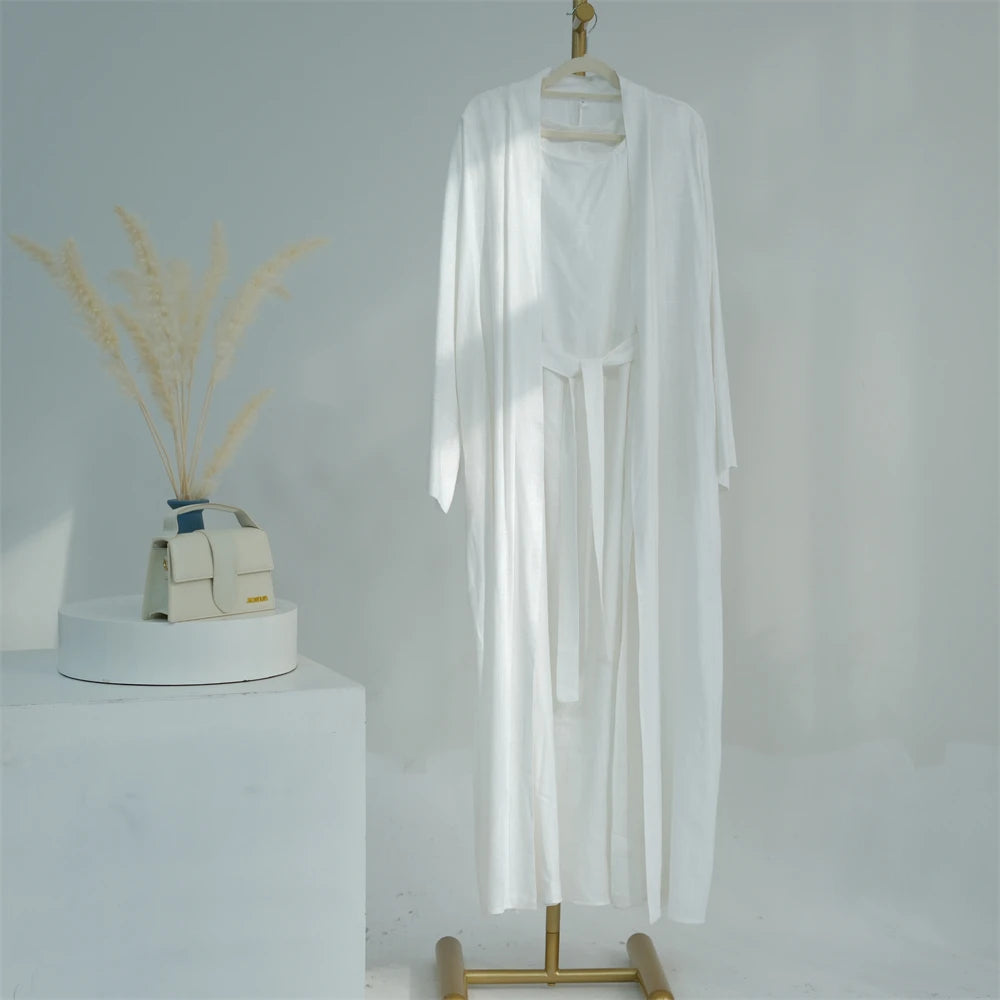 Eid Summer Cotton Linen Kimono Coat Dubai Open Abaya 2024 Muslim for Women Set Retro Kaftan Modest Dresses Islam Clothing Kebaya