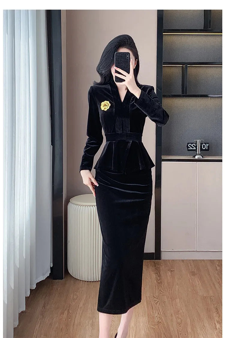 VigoAnne 2025 Solid V Neck Velvet 2 Piece Set Woman Long Sleeve High Waist Skirt Suits Lady Spring Autumn Korean Long Dress Suit.