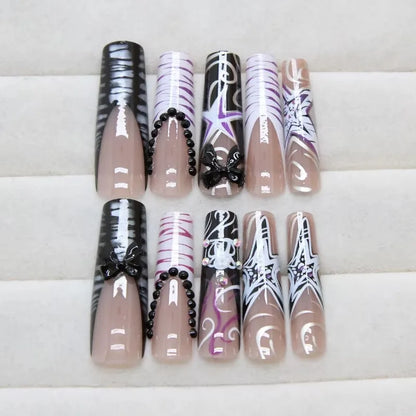24Pcs Sweet Cool Spice Girl Press on Nails Black French Bow False Nails Y2k Star Glitter Diamond Nail Long Square Gel Fake Nails.