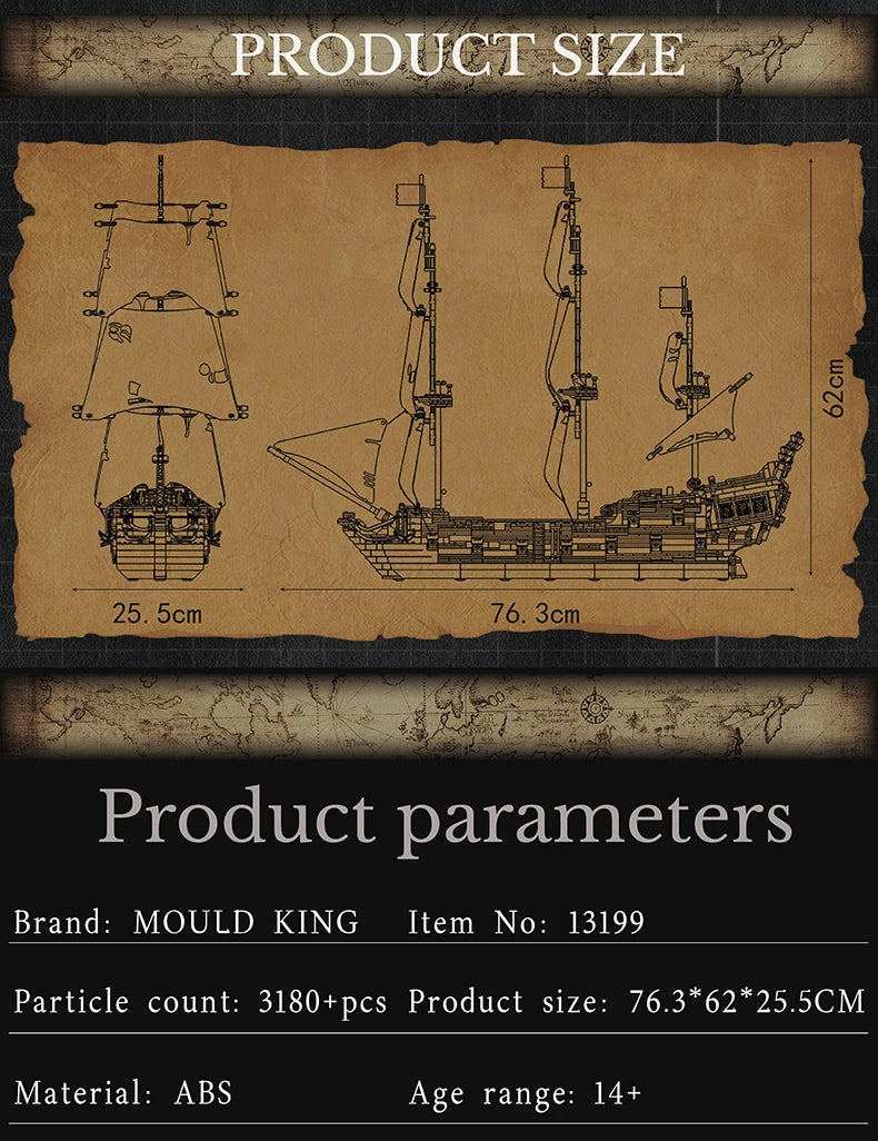 Mould King 13111 13199 Movie Toys The MOC Black Pearl Pirate Ship Model Assembly 16006 Building Block Brick Kids Christmas Gifts.