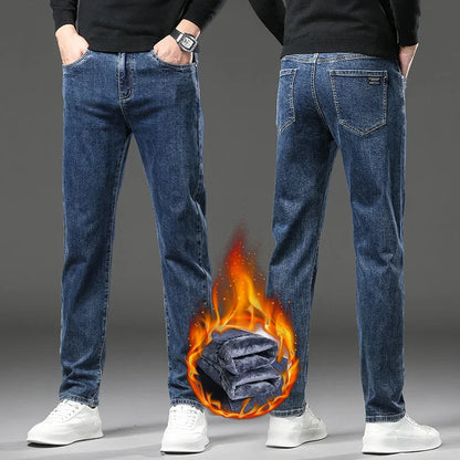 Winter Fleece Thick Warm Jeans Men's Slim Straight Elastic Denim Pants Casual Male Clothing Fashion Plush Trousers.