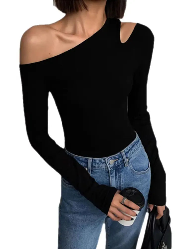 Fashion Skew Collar Off-shoulder Long-sleeved T-shirts Women Spring New Solid Slim Fit Crop Top Sexy Hollow Out Tees Shirts.