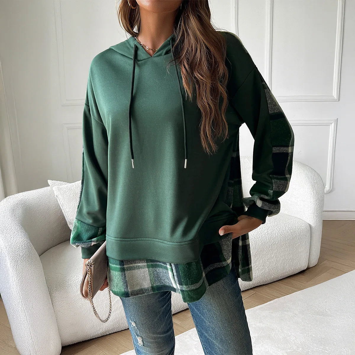 Women's Hoodie For Autumn And Winter 2025; Color-blocked Casual Pseudo Two-piece Raglan Long-sleeved Sweat For Women