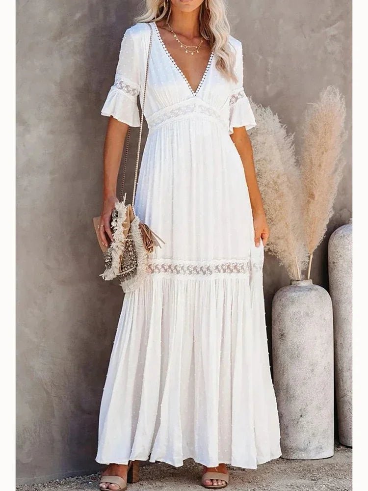 Spitze Splice Maxi Party Kleider Frauen Tiefem V-ausschnitt Sexy Lange Pareo Weibliche Flare Hülse Weißes Kleid Tanz Tragen Kostüm.