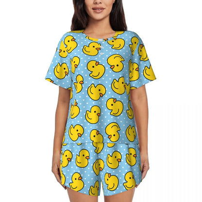 Benutzerdefinierte Frauen Gelb Klassische Gummi Ente Pyjamas Set Gedruckt Zwei-stück Pj Sets Kurzarm Nachtwäsche Loungewear