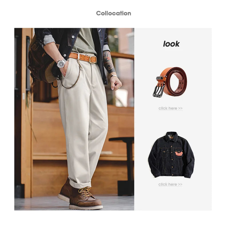 Maden Vintage Gentleman Naples Pants Korea Fashion Casual  Paris Button Straight Wide Trousers 100% Cotton Solid Work Suit Pants.