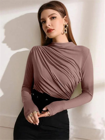 Autumn Winter Warm Fashion Pleated T-Shirt Women Solid Color Stand-up Collar Slim Tops Female Daily Casual Trend Streetwear Tees.