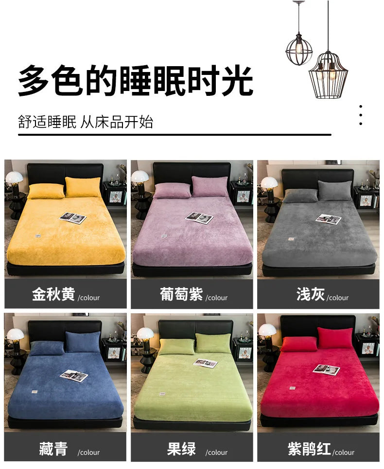 Warm Plush Fitted Sheet Elastic Mattress Cover Fluffy Velvet Fleece Bed Linen Couple Thermal Double Bed Not Included Pillowcase.