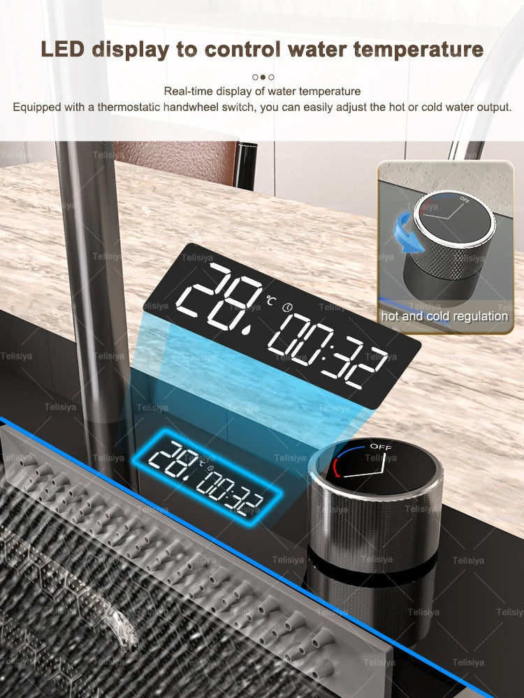 Küchenspüle aus Edelstahl mit Wasserfall, Einzelschüssel, Digitalanzeige, extra großer Schlitz, multifunktionale Waschbecken