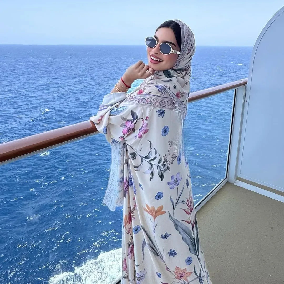 Eid Frauen Abaya Blume Drucken Offene Strickjacke Schal Party Kleid Muslimischen Langarm Jalabiya Ramadan Abayas Kaftan Arabischen Lange Robe.