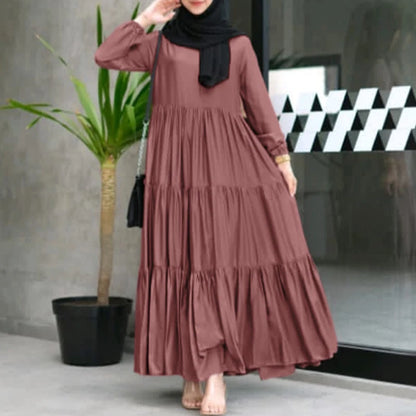 ZANZEA Muslim Fashion Tiered Long Dresses Women Islamic Hijab Style Casual Long Sleeve O Neck Maxi Vestidos Solid Abaya Robes.