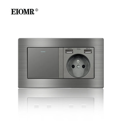 EIOMR Frankreich Standard-Steckdose, graue Aluminiumlegierung, Lichtschalter, RJ45, Fernseher, 220 V, 16 A, Wandsteckdosen für Haushaltsgeräte