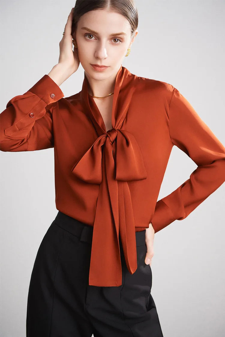 Silk Shirt Women's Thick Temperament Streamer 2025 Spring and Summer New Mulberry Silk Lace-up Design Shirt Long-sleeved Top