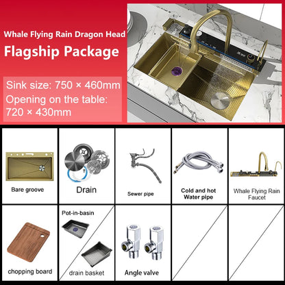 Küchenspüle aus Edelstahl mit Wasserfall, extra große Einzelschüssel, Digitalanzeige, multifunktionale Geschirrspülbecken