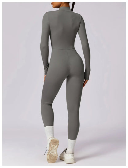 Zipper Sensation Long Sleeve Yoga Suit High Intensity Fitness Sports Bodysuit Tight Fit Clothing 8306 One Piece Suit.