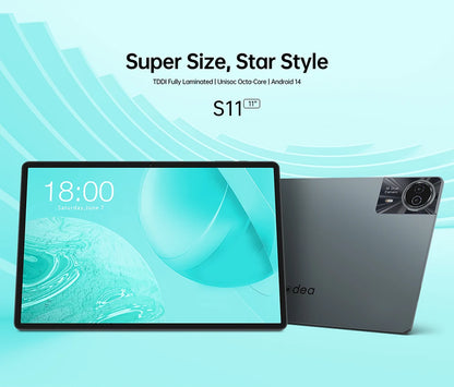 ODEA S11 Android 14 Tablet with 11" IPS 1920x1200 T606 8 Core CPU Max 16GB RAM 256GB ROM 4G LTE type C 8000mAh Widevine L1.