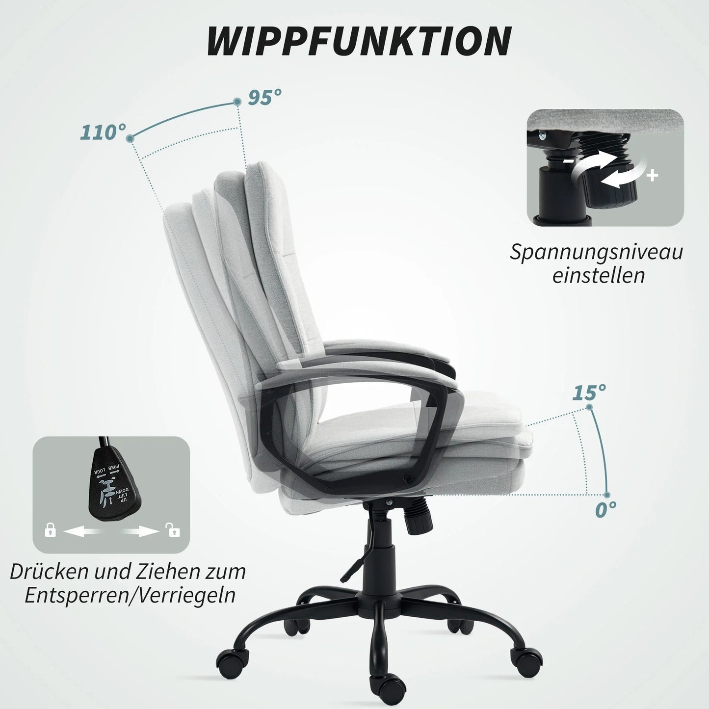 Bürostuhl Ergonomischer Bürostuhl, Drehstuhl mit verstellbaren Armlehnen, mit Schaukelfunktion, Computerstuhl, grau