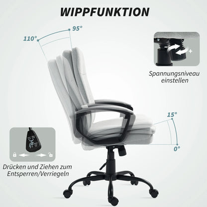 Bürostuhl Ergonomischer Bürostuhl, Drehstuhl mit verstellbaren Armlehnen, mit Schaukelfunktion, Computerstuhl, grau